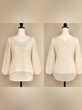 A'Reve Cream Sequin Front Sheer Sleeve Blouse